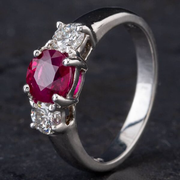 Pre-Owned 18ct White Gold 1.33ct Ruby & 0.58ct Brilliant Cut Diamond Claw Set Three Stone Ring 4335007