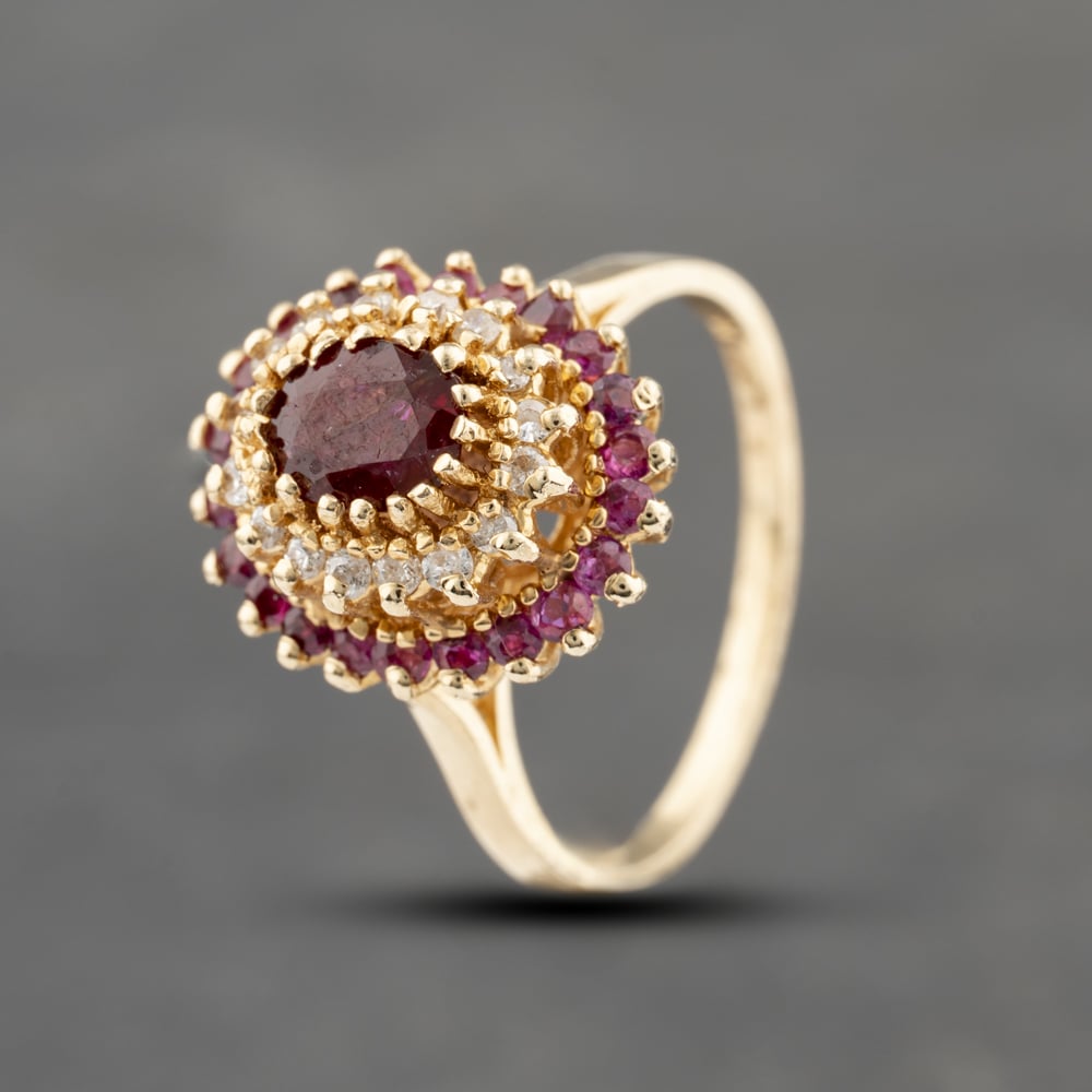 Pre-Owned 9ct Yellow Gold Ruby & 0.16ct Diamond Oval Three Tier Cluster Ring 43351033