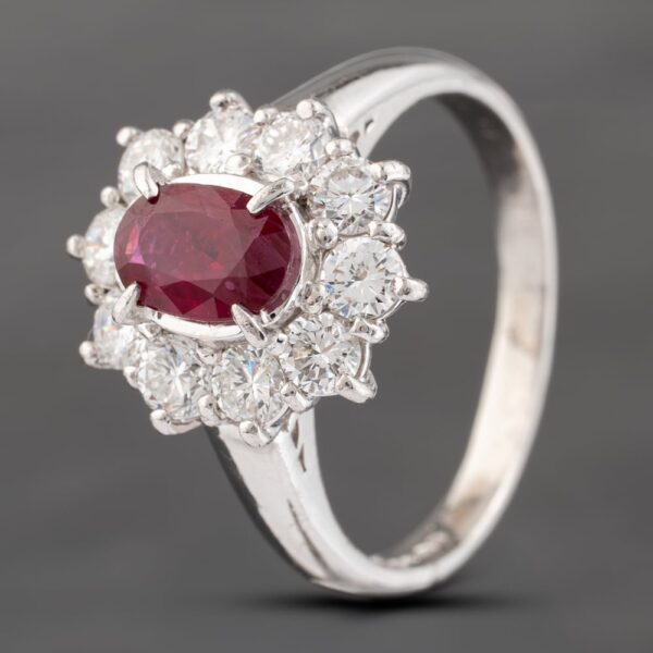 Pre-Owned Platinum 0.94ct Ruby & 0.98ct Brilliant Cut Diamond Oval Cluster Ring 43351052