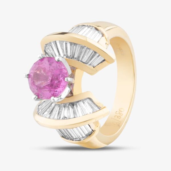 Pre-Owned 14ct Yellow Gold Pink Sapphire & 1.60ct Baguette Cut Diamond Dress Ring 43361018