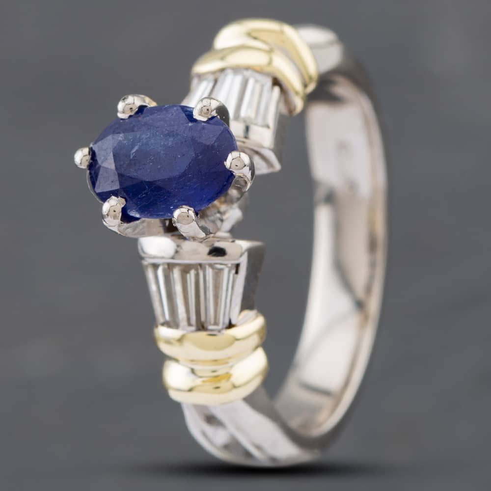 Pre-Owned 9ct Two Colour Gold Glass Fill Treatment Sapphire & Baguette Cut Diamond Set Shoulders Dress Ring 43361076