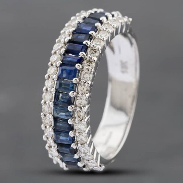 Pre-Owned 18ct White Gold Emerald Cut Sapphire & Brilliant Cut Diamond Three Row Ring 43361084