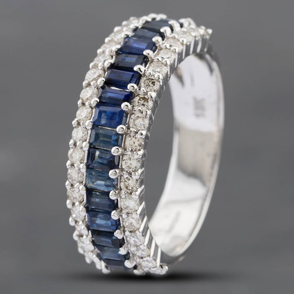 Pre-Owned 18ct White Gold Emerald Cut Sapphire & Brilliant Cut Diamond Three Row Ring 43361084