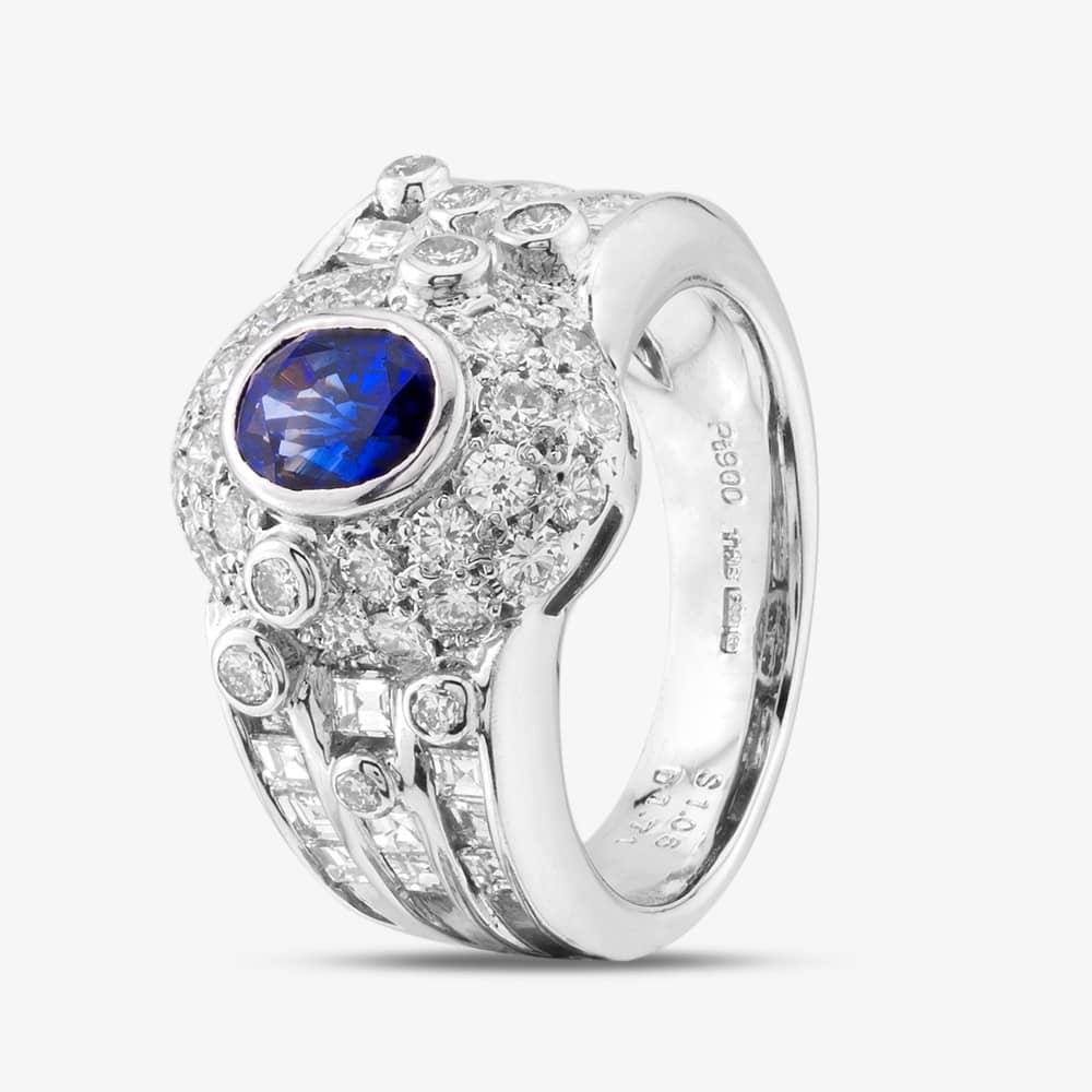 Pre-Owned Platinum Certificated 1.06ct Sapphire & 2.16ct Diamond Oval Cluster Ring 43361090