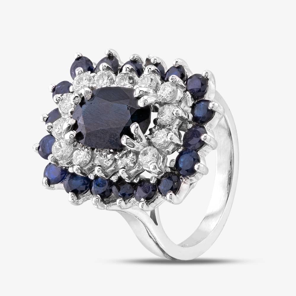 Pre-Owned 9ct White Gold Sapphire & Brilliant Cut Diamond Rectangular Cluster Ring 43361096