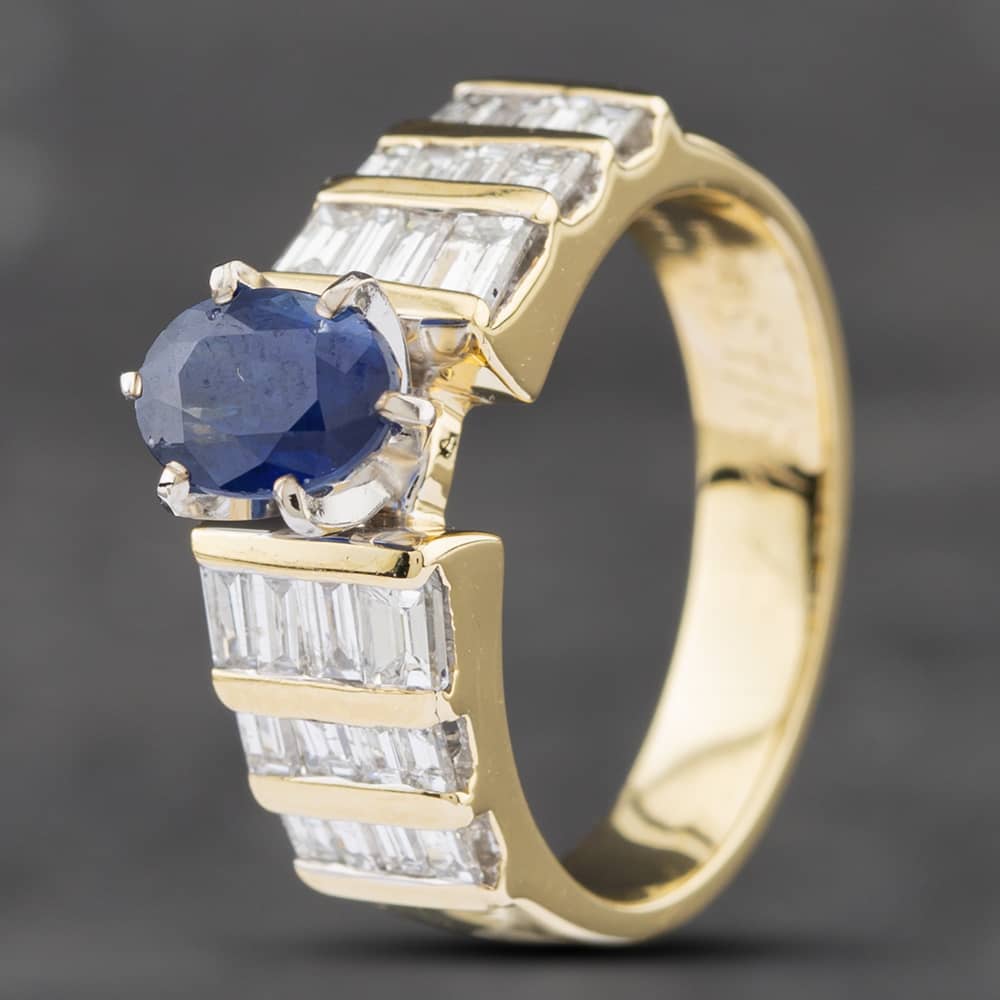 Pre-Owned 14ct Yellow Gold Oval Cut Sapphire & 1.00ct Baguette Cut Diamond Dress Ring 43361102