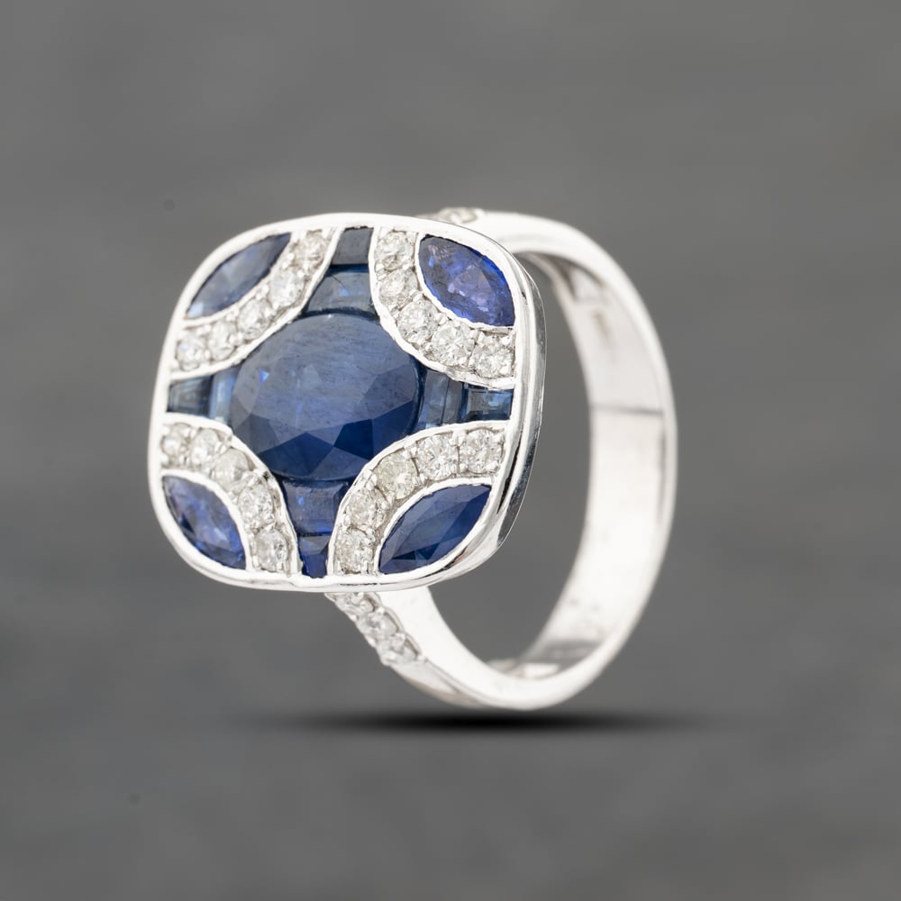 Pre-Owned 14ct White Gold Sapphire & 0.56ct Diamond Fancy Cushion Shape Cluster Ring 43361145