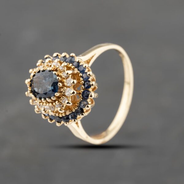 Pre-Owned 9ct Yellow Gold Sapphire & 0.16ct Diamond Oval Three Tier Cluster Ring 43361192