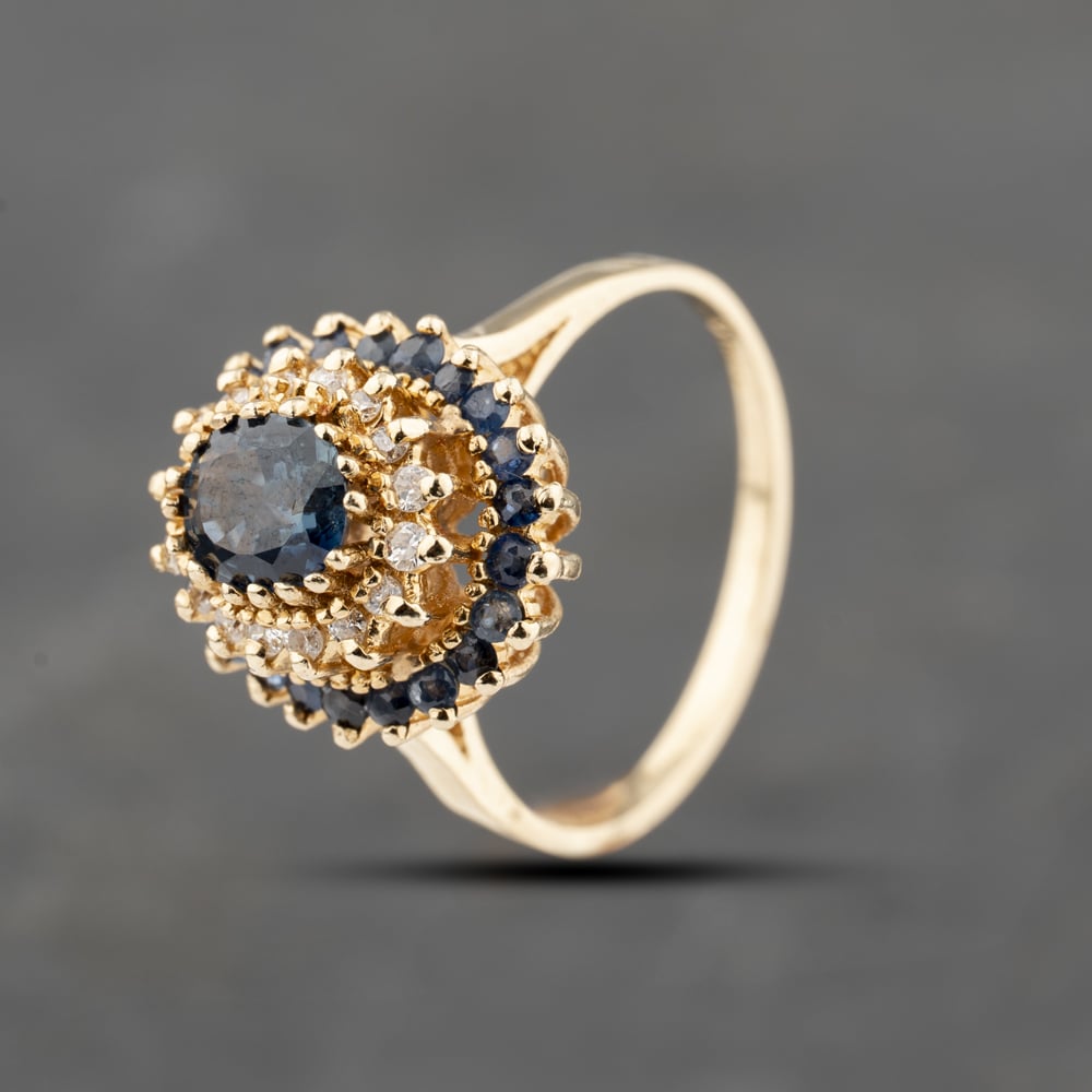 Pre-Owned 9ct Yellow Gold Sapphire & 0.16ct Diamond Oval Three Tier Cluster Ring 43361192