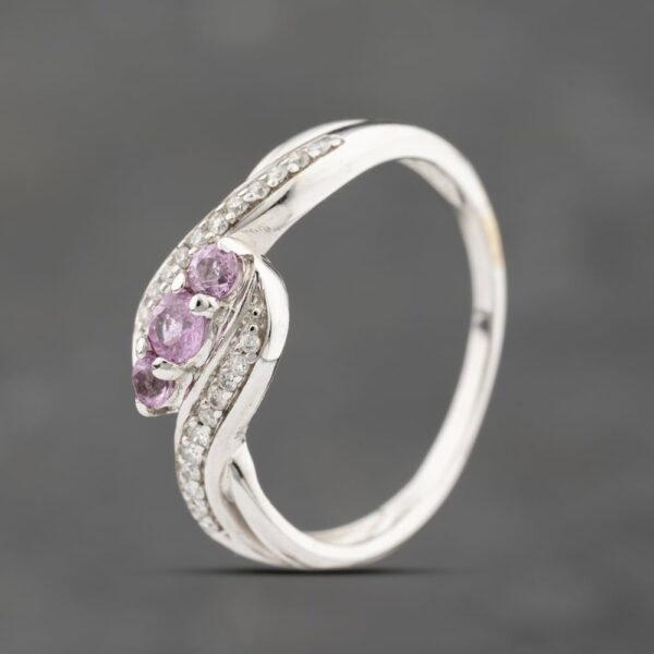 Pre-Owned 9ct White Gold Pink Sapphire & Diamond Shoulders Twist Dress Ring 43361210