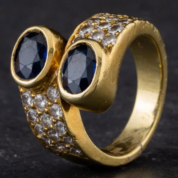Pre-Owned 18ct Yellow Gold 2.40ct Sapphire & 0.86ct Brilliant Cut Diamond 3 Row Shoulder Cross Over Ring 4336224