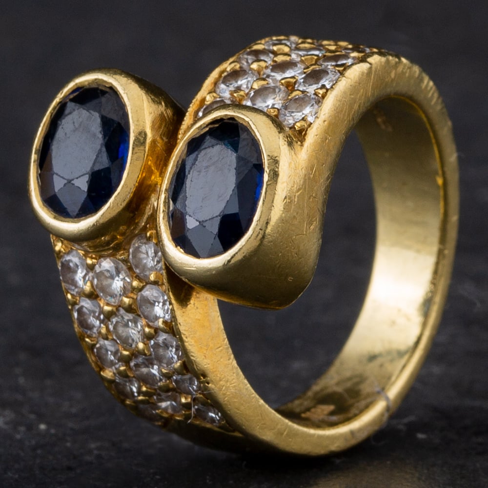 Pre-Owned 18ct Yellow Gold 2.40ct Sapphire & 0.86ct Brilliant Cut Diamond 3 Row Shoulder Cross Over Ring 4336224