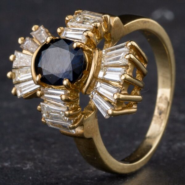 Pre-Owned 14ct Yellow Gold 1.30ct Sapphire & 1.00ct Baguette Cut Diamond Unusual Design Fancy Ring 4336242