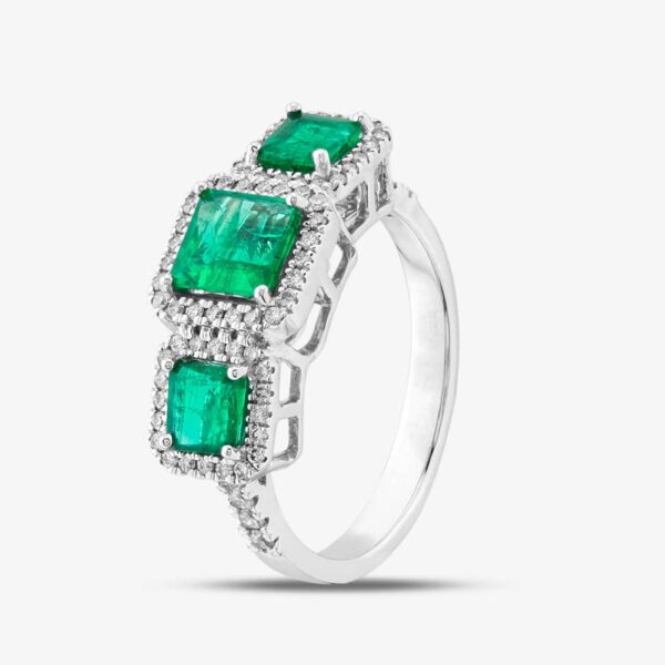 Pre-Owned 18ct White Gold Emerald & Brilliant Cut Diamond Triple Cluster Ring 43371030