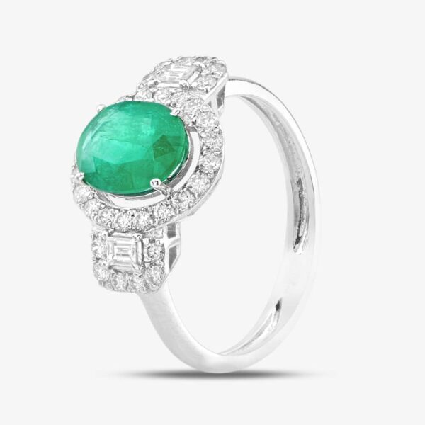 Pre-Owned 18ct White Gold Oval Cut Emerald & Diamond Cluster Ring 43371036