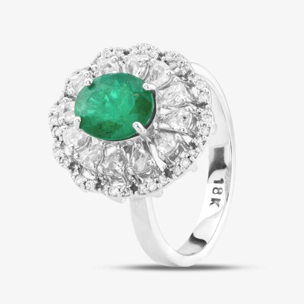 Pre-Owned 18ct White Gold Oval Cut Emerald & Diamond Cluster Ring 43371040