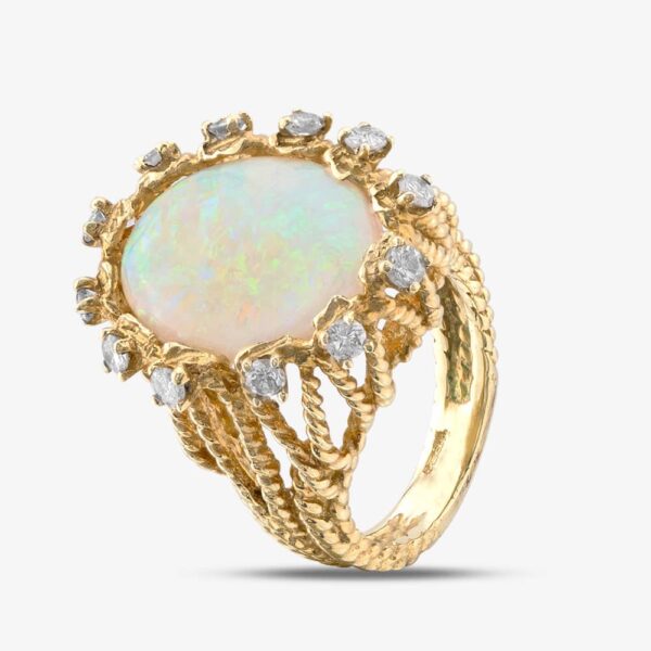 Pre-Owned 9ct Yellow Gold Oval Opal & Brilliant Cut Diamond Cluster Ring 43381008