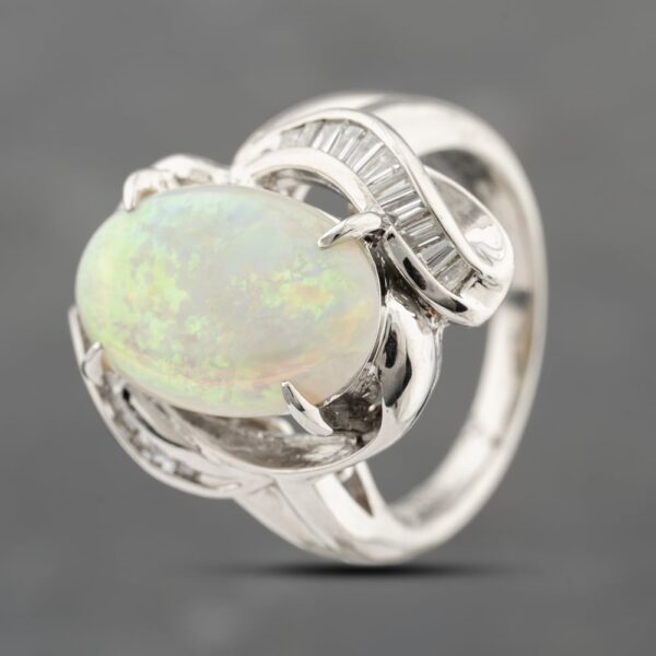 Pre-Owned Platinum Opal & 0.42ct Baguette Cut Diamond Oval Dress Ring 43381034