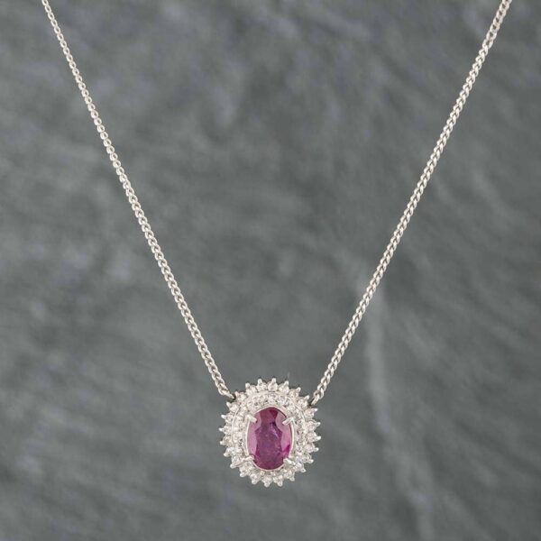 Pre-Owned Platinum 1.78ct Ruby & 0.39ct Brilliant Cut Diamond Oval Cluster Pendant & 16 Inch Curb Chain 431415712