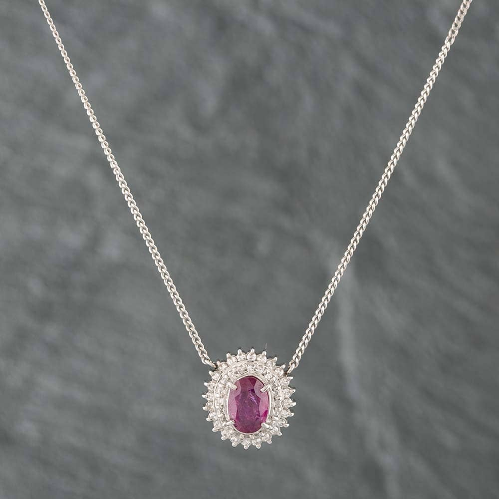 Pre-Owned Platinum 1.78ct Ruby & 0.39ct Brilliant Cut Diamond Oval Cluster Pendant & 16 Inch Curb Chain 431415712