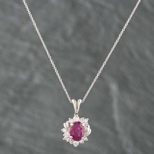 Pre-Owned Platinum 2.36ct Ruby & 0.48ct Brilliant Cut Diamond Oval Cluster Pendant & 16 Inch Trace Chain 43391579