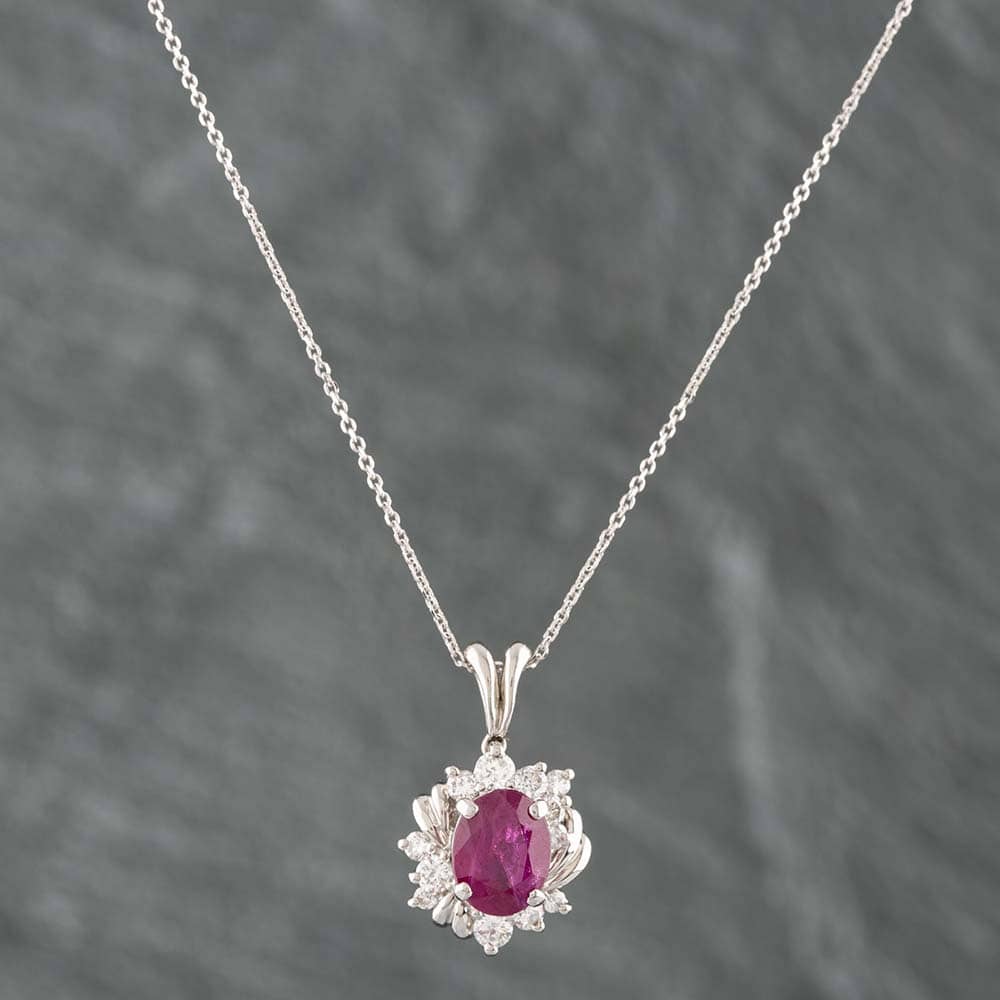 Pre-Owned Platinum 2.36ct Ruby & 0.48ct Brilliant Cut Diamond Oval Cluster Pendant & 16 Inch Trace Chain 43391579