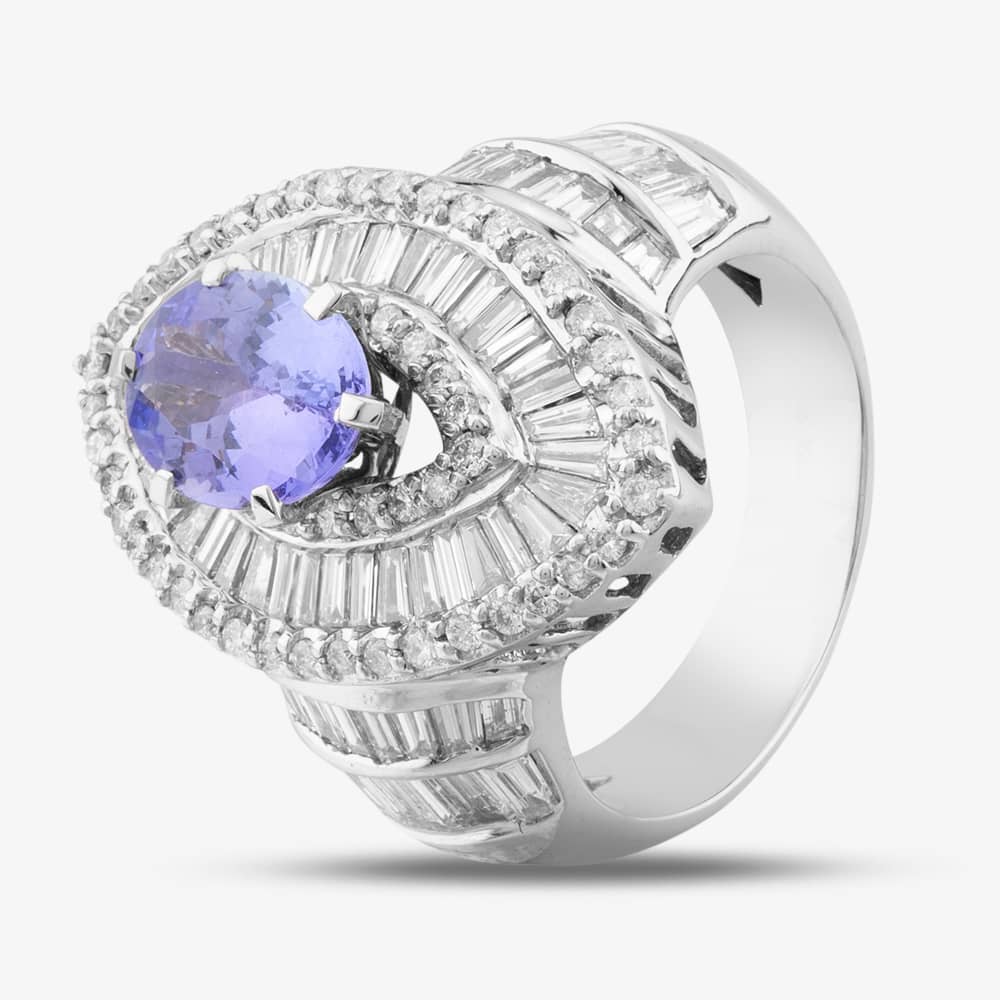 Pre-Owned 14ct White Gold Oval Cut Tanzanite & Diamond Marquise Cluster Ring 43411000