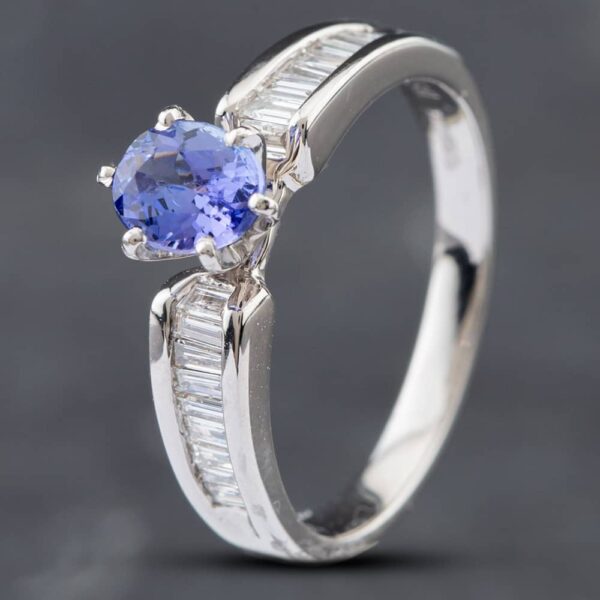 Pre-Owned 14ct White Gold 0.66ct Oval Cut Tanzanite & Baguette Cut Diamond Dress Ring 43411011