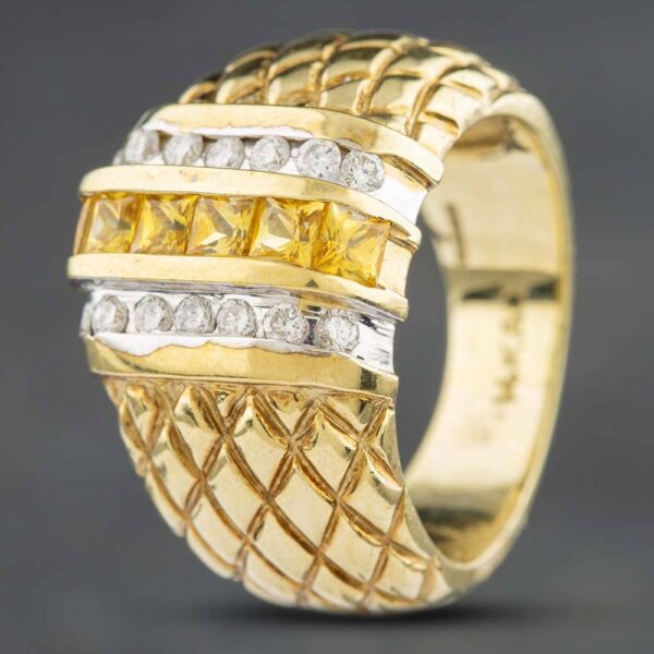 Pre-Owned 14ct Yellow Gold Yellow Sapphire & 0.30ct Brilliant Cut Diamond Three Row Dress Ring 434315616