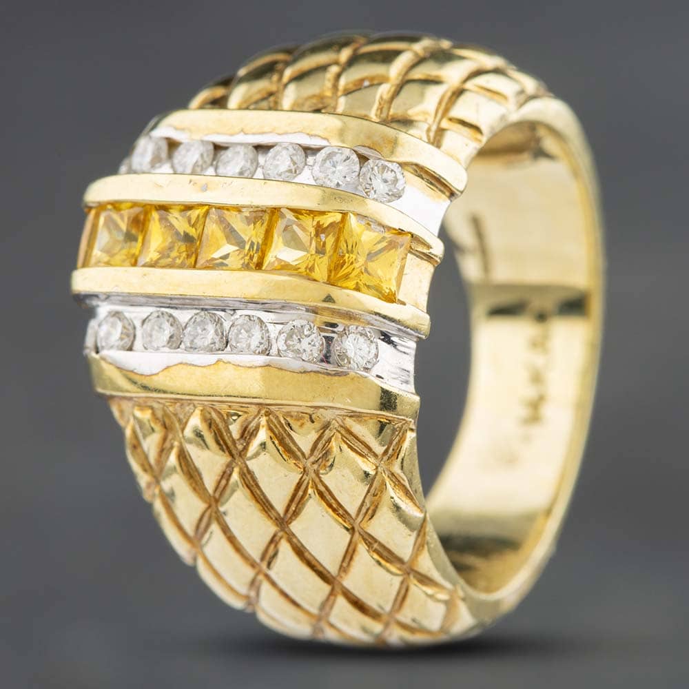 Pre-Owned 14ct Yellow Gold Yellow Sapphire & 0.30ct Brilliant Cut Diamond Three Row Dress Ring 434315616