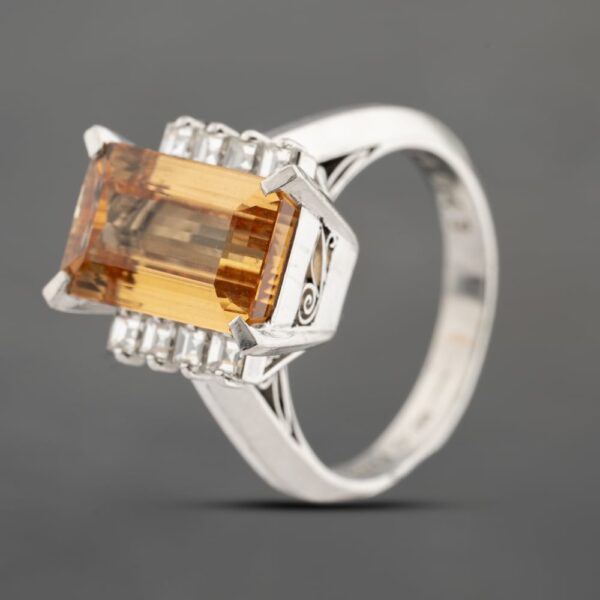 Pre-Owned Platinum 4.84ct Imperial Topaz & 0.43ct Square Cut Diamond Oblong Dress Ring 43451017