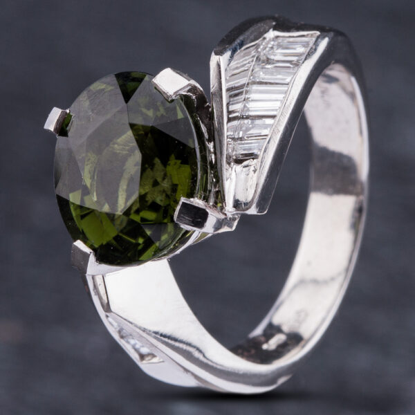 Pre-Owned Platinum 3.00ct Green Tourmaline & 0.64ct Baguette Cut Diamond Cross Over Ring 4346002