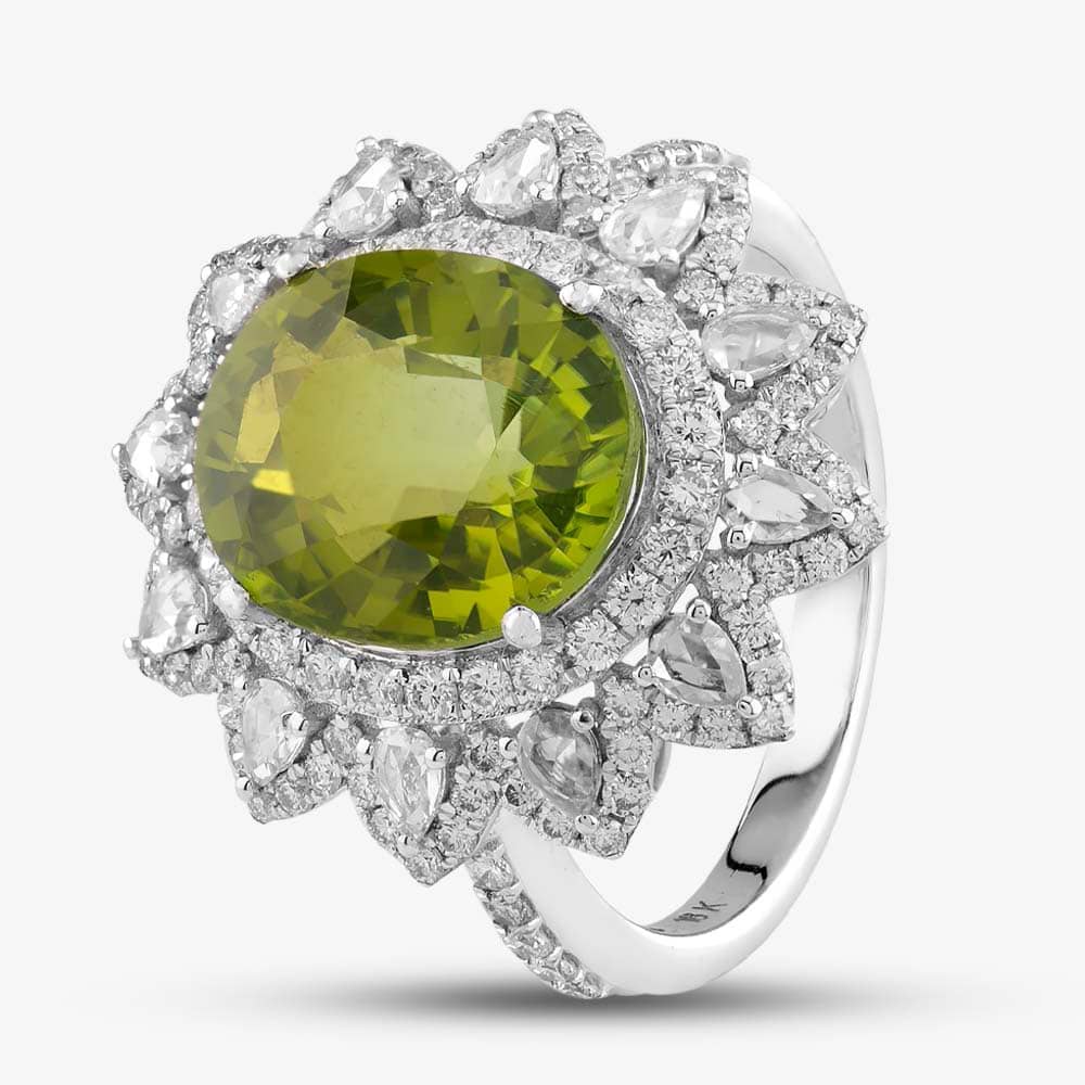 Pre-Owned 18ct White Gold Green Tourmaline & Diamond Large Oval Cluster Ring 434615640
