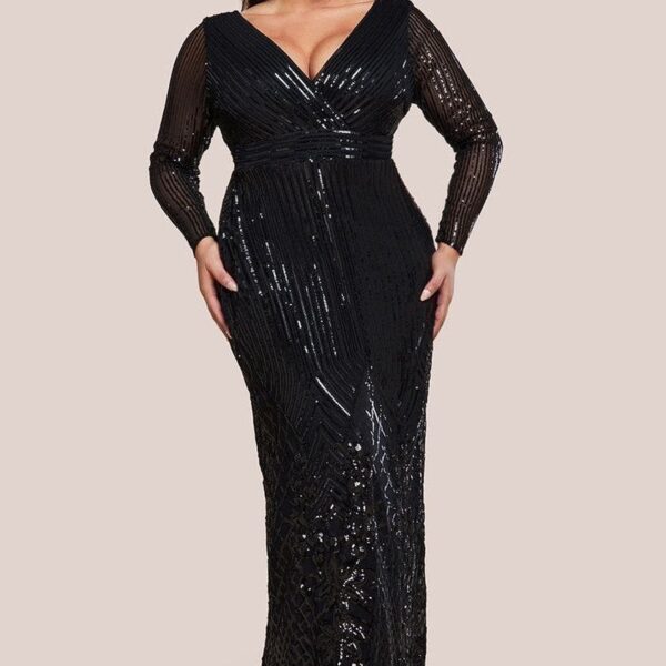 Long Sleeve Sequin V Wrap Maxi Dress - Black by Goddiva Plus