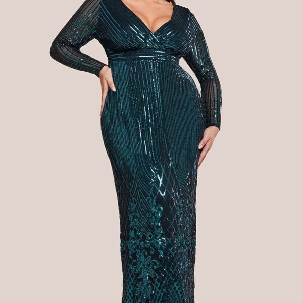 Long Sleeve Sequin V Wrap Maxi Dress - Emerald Green by Goddiva Plus