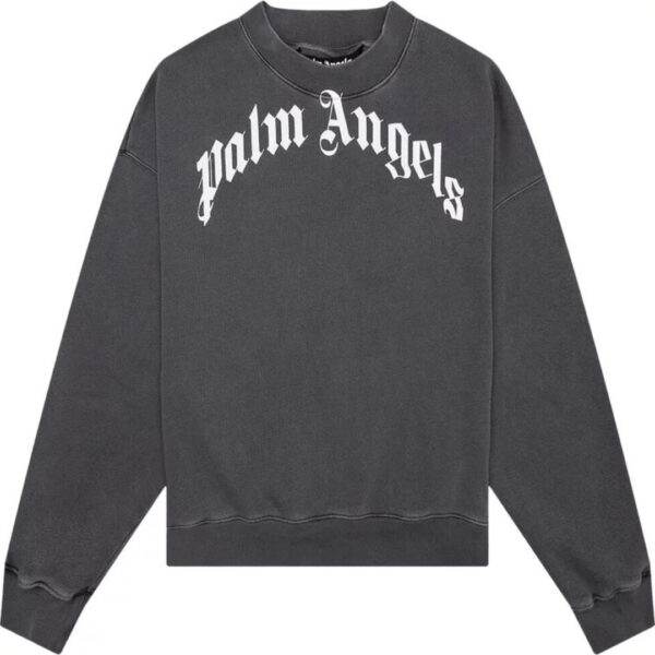 Palm Angels Mens GD Curved Logo Washed Black Sweater - Grey Cotton - Size Large