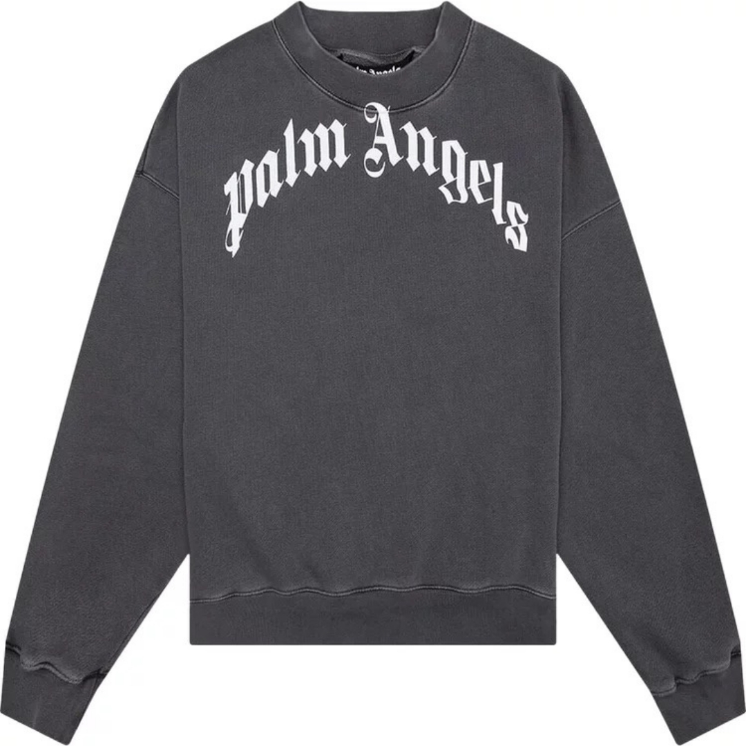Palm Angels Mens GD Curved Logo Washed Black Sweater - Grey Cotton - Size Large