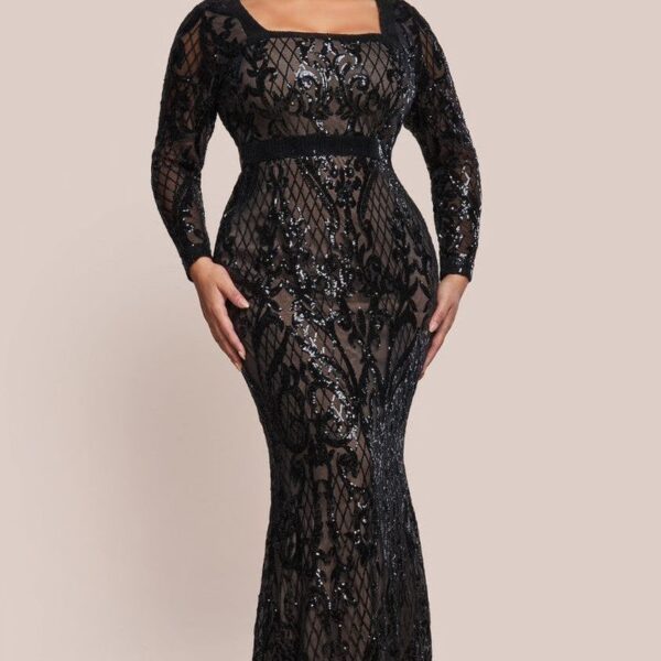 Sequin Square Neck Maxi With Scallop Hem - Black by Goddiva Plus