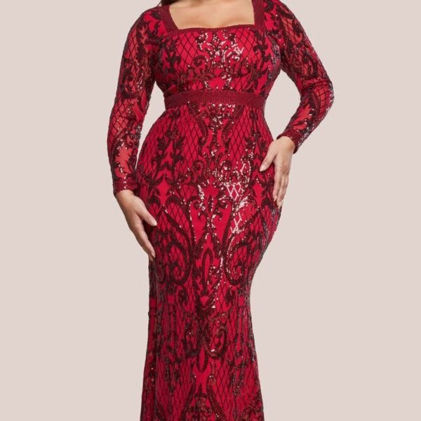 Sequin Square Neck Maxi With Scallop Hem - Red by Goddiva Plus