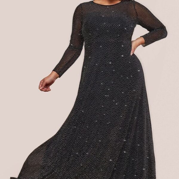 Hotfix Diamante Mesh A-Line Long Sleeve Maxi Dress - Black by Goddiva Plus