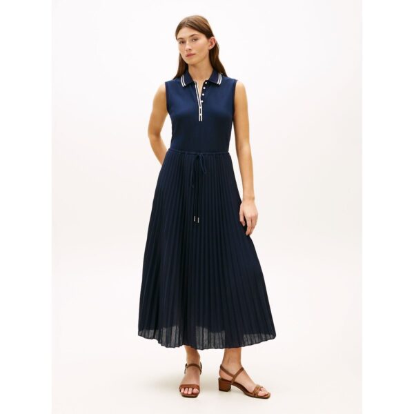 Sleeveless Pleated Midi Dress with Polo Shirt Collar