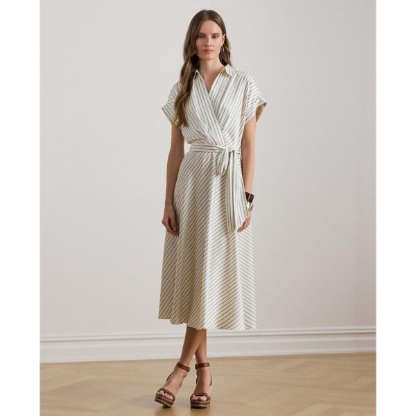 Striped Wrapover Short Sleeve Midi Dress