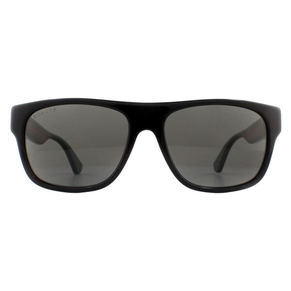 Gucci Rectangle Mens Black with Green and Red Stripe Grey Polarized Sunglasses - One Size