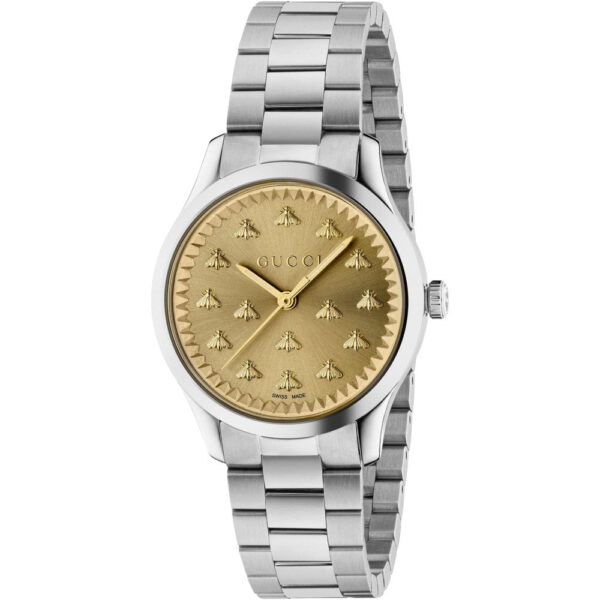 Gucci Womens YA1265035 G-Timeless Gold Dial Ladies Watch - Silver Stainless Steel - One Size