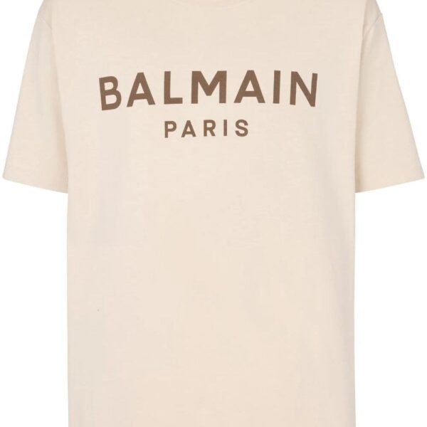 Balmain Mens Brown Logo Print T-Shirt in Ivory - Size Small