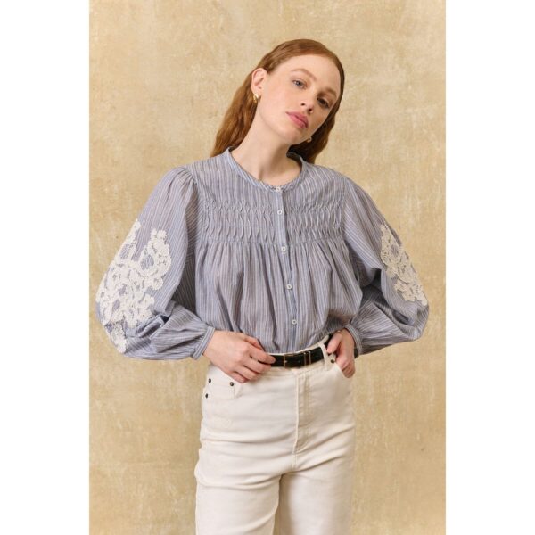 Jally Striped/Embroidered Blouse with Crew Neck and Long Sleeves