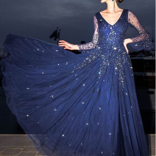 Sunray Hand Embellished Sequin A-Line Bell Sleeve Maxi Dress - Navy Blue by Goddiva