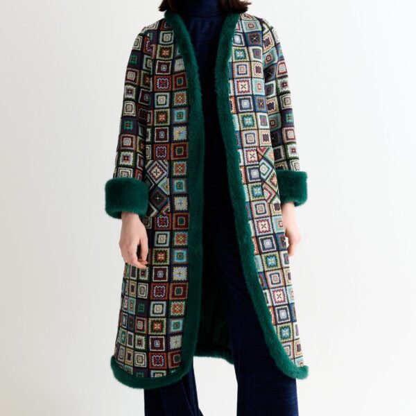 Delphia 70'S Patch Jacquard Fur Trim Coat