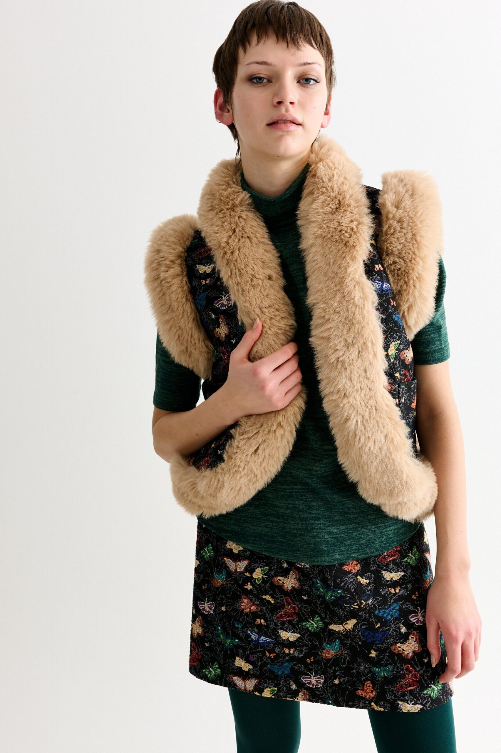 Dominica Butterfly Ball Jacquard Faux Fur Trimmed Waistcoat – Multicoloured