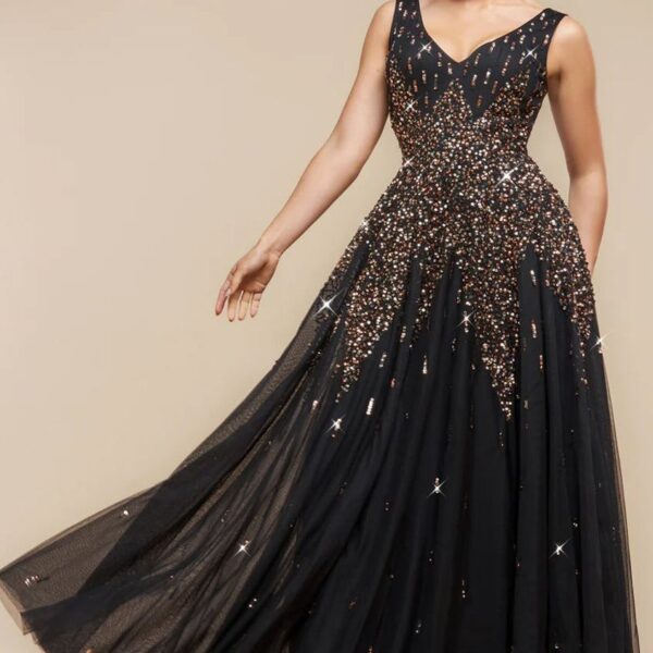 Sunray Hand Embellished Sequin A-Line Sleeveless Maxi Dress - Black by Goddiva